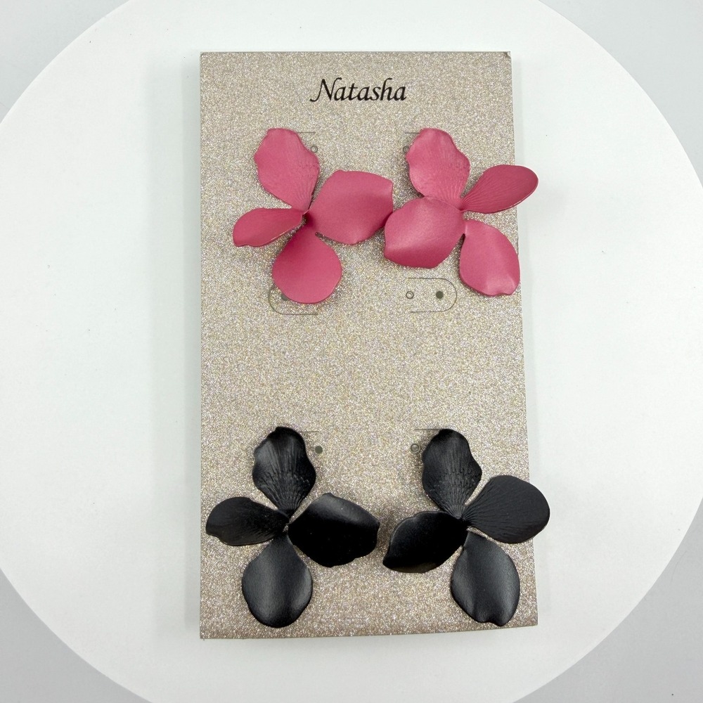 Natasha Matte Petal Earrings Set Pink & Black Floral Statement Boho Chic Gift